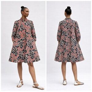 Zuri Kenya African Print Shirt Dress Black Cream Orange Floral A-Line Size 1X